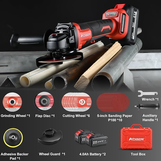 AOBEN 21V Cordless Angle Grinder Tool, 4-1/2 Inch Power Brushless Cut Off Grinder, Paddle Switch, with 2x4.0Ah Battery & Charger, Electric Handheld Grinder for Metal Cutting, Grinding, Polishing