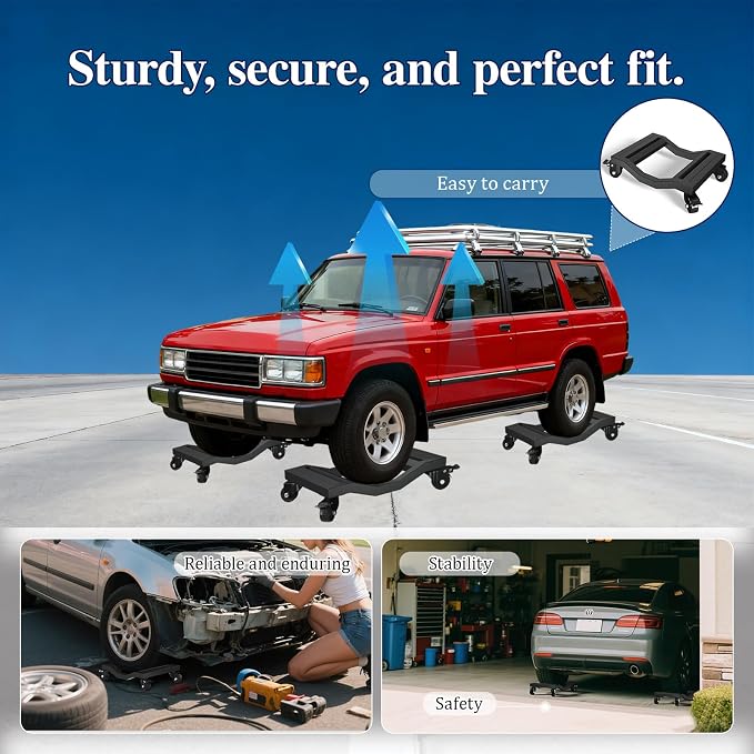 Car Dolly Set of 4, 6,800 lb Capacity - Industrial Grade Stainless Steel Vehicle Moving Dollies with Locking Caster Wheels & U-Shaped Design for Cars, SUVs, Trucks, Trailers