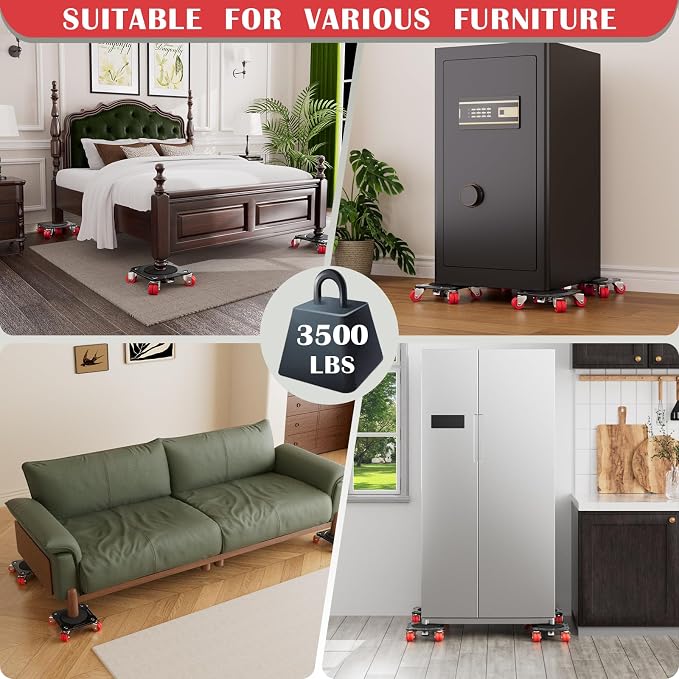 Heavy Duty Furniture Movers with 8 Wheels, Dual-Wheel Caster Square Dollies with Furniture Lifter and Base, 360° Swivel Casters, Non-Slip Pads, Up to 3500 lbs Load Capacity