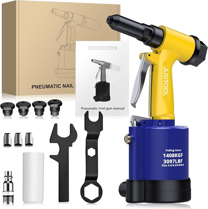 JUSTOOL Heavy Duty Pneumatic Rivet Gun 3097LBF Air Rivet Gun Set-3/32", 1/8", 5/32", 3/16" Air Riveter with NPT 1/4 inch Air Hydraulic Riveter for Automotive Construction Maintenance Industries & DIY