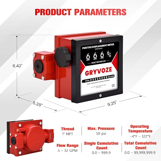 1 Inch Mechanical Fuel Flow Meter, 5–32 GPM Positive Displacement Fuel Pump Meter for Diesel, Gasoline & Oil, Industrial Grade, Gallon Totalizer Counter