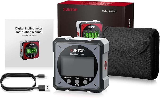 XUNTOP USB Charging Digital Level Box Angle Finder with Laser (Class 2, <1mW Output), 4-Side Strong Magnetic Angle Gauge IP54 Waterproof Inclinometer Level, Saving Effort Hanging Decorations-Gray