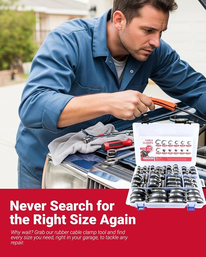 220PCS Rubber Cushioned Cable Clamp Assortment, 60 Stainless Steel P-Clamps in 10 Sizes (1/4”–1-3/4”), Includes 160PCS Screws, Bolts, Nuts & Washers for Automotive & DIY for Pipes and Hose