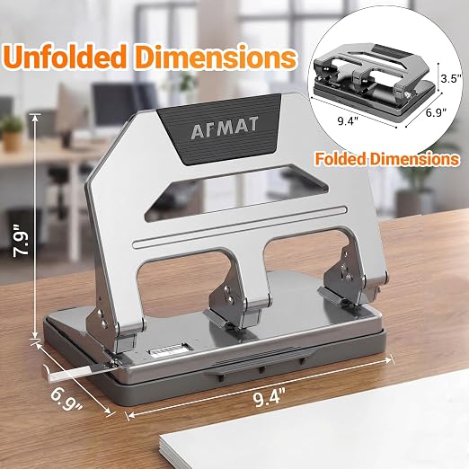 AFMAT Heavy Duty 3 Hole Punch, 40-Sheet Three Hole Puncher for Binder, 50% Reduced Effort Paper Punch, 10K+ Uses, Office Metal Hole Puncher 3 Ring w/Large Tray, Bulit-in S.S. Paper Guide, HPX2(Gray)