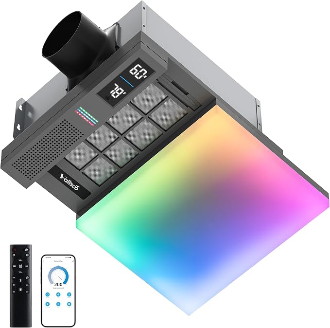 VallisCo Bathroom Exhaust Fan with Light, Bluetooth Speaker, Odor & Humidity Sensors, 230 CFM Quiet Ceiling Fan with 3 Dynamic RGB Lighting, 3CCT - Remote App Control - Compatible with Alexa