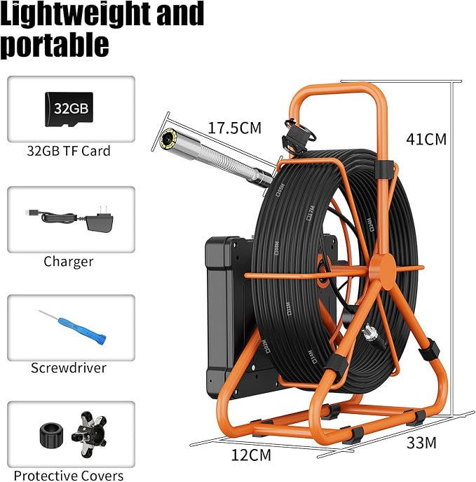 Sewer Camera 100FT/30M 7" IPS Screen Pipe Inspection Camera Borescopes Plumbing DVR & Audio Recorder 23mm with 32GB Card 12 LEDs HD 1000TVL Endoscope