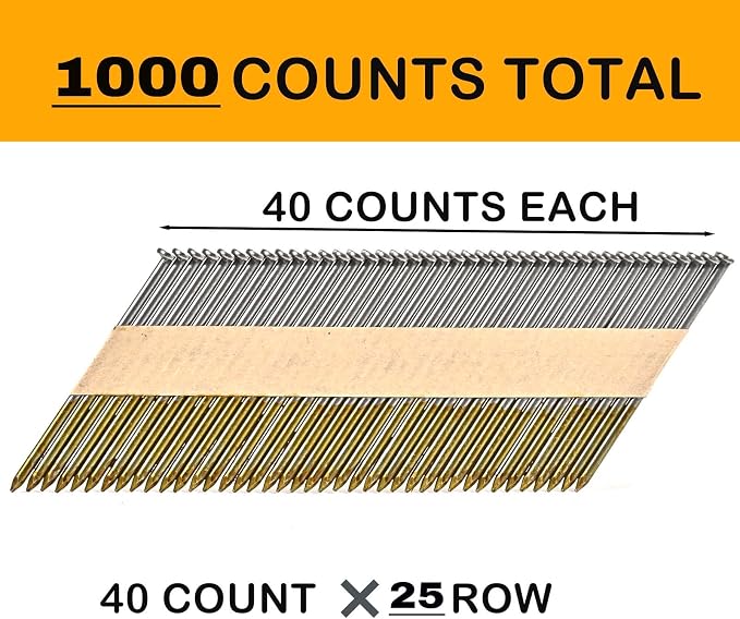 3-Inch x .120 Framing Nails, Smooth Shank Paper Tape Nails for Framing Nailer,30 Degree Bright Finis Collated Nails 1000 Pack