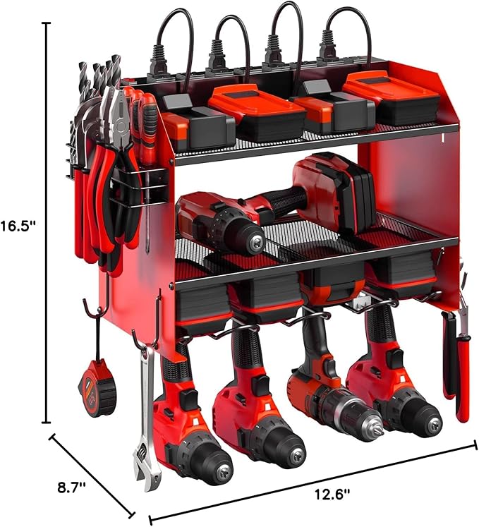 CCCEI Wall Mount Modular Tool Charging Organizer, Red, 1 Pack, 3 Tier. | Drill Battery Storage Rack with Hooks, Garage Workshop, Gifts for Men, Dad, Husband Anniversary, Birthday, Christmas