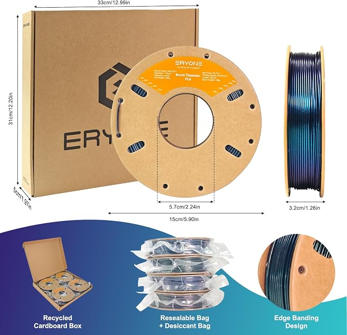 ERYONE PLA Filament 3D Printer Filament Bundle Multicolor 1.75mm +/- 0.03mm, PLA Filament 250g Spool, 4 Rolls, Burnt Titanium Rainbow