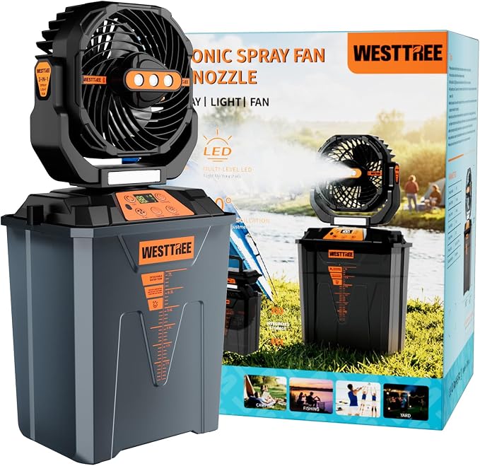 WESTTREE Portable Misting Fan, Large Rechargeable Battery Powered Mist Fan, Long Lasting Runtime, 3 Nozzles Mister Design, Portable Fan for Home Patio Camping Outdoor mist Daily Cooling fan