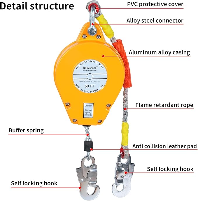 50FT Self Retracting Lifeline, Adjustable Retractable Lifeline Fall Protection Rope, Heavy Duty Retractable Lanyard, Roofing Lifelines, Industrial Fall Arrest Retractor