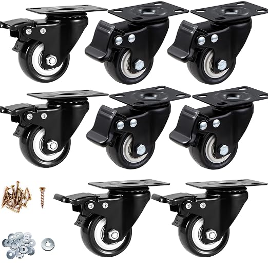 Casters, 2" Caster Wheels,Casters Set of 8 Heavy Duty - ASRINIEY Black Polyurethane Castors, Top Plate Swivel Wheels, 8-Pack Industrial Casters with Brake, Locking Casters for Furniture and Workbench