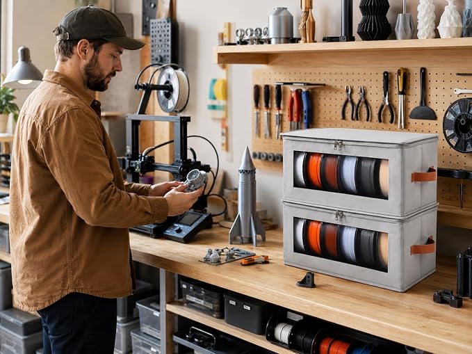Qozary Filament Storage Box - 4 Pack 3D Printer Filament Storage Containers with Desiccants, Holds Up to 24 Rolls, 3D Printing Accessories Holder Rack for Home, Office Workshop, Studio