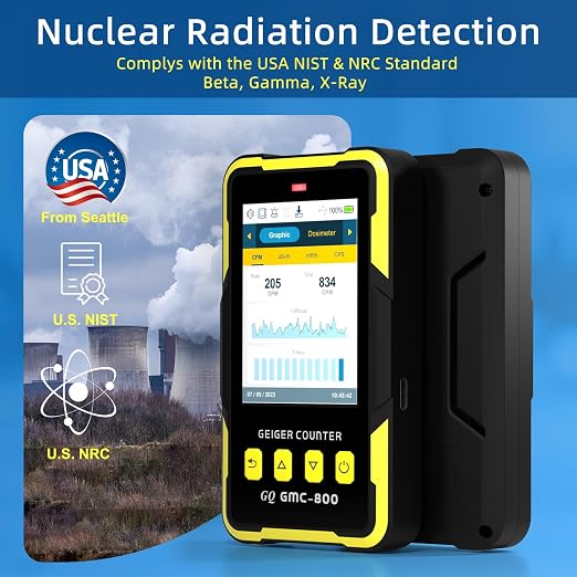 Nuclear Radiation Detector GQ 800 Geiger Counter USA Design Product US National Standard Large Color LCD Display 5 Alarm Types Dosimeter Data Save & Global Share Beta Gamma X-ray Portable Device