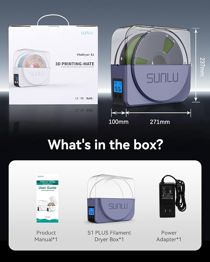 SUNLU Official Filament Dryer S1 Plus, Built-in Circulation Fan, Filament Dryer Box Storage Box for 3D Printer Filament 1.75 2.85 3.00, S1 Plus Blue Grey