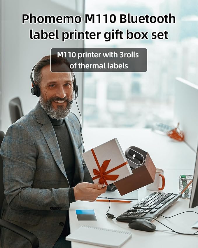 Phomemo M110 Label Printer - Label Maker Machine with 3 Roll Paper, Mini Portable Barcode Label Printer for Small Business, Retail, Address, Barcode, Home, for PC/Mac, iOS/Android- Ebony Black
