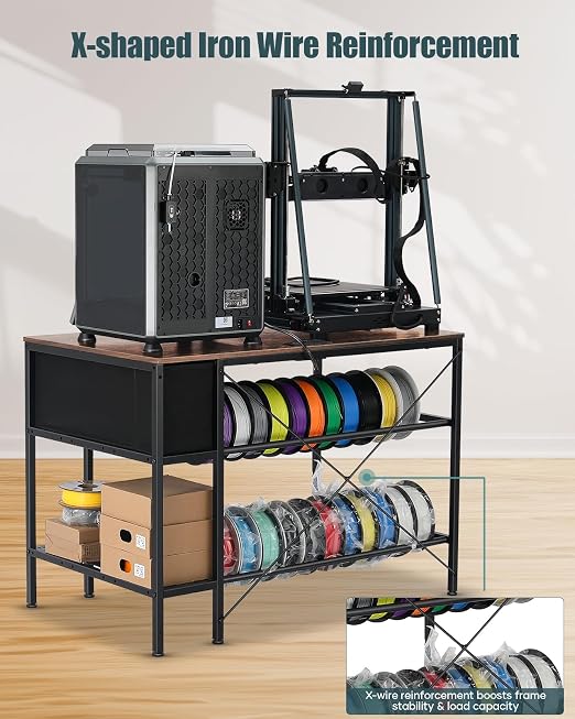 AHOWPD 3D Printer Table with Filaments Storage - 3D Printer Stand Filament Storage Rack Heavy Duty 3D Printer Desk with Drawer for Workshop Studio Office (Brown)
