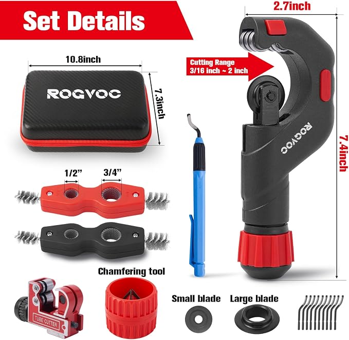 Copper Pipe Cutter Kit, 1/8-1-1/8 in Mini Tube Cutter, 5-50 mm Bearing Pipe Cutter, Deburring and Chamfer Tools, Pipe Cleaning Brushes and EVA Case for HVAC and Plumbing