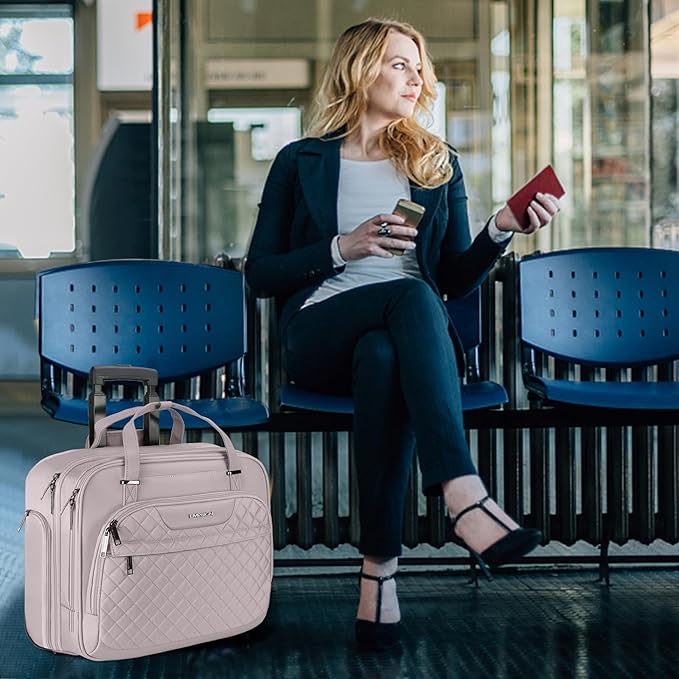 EMPSIGN Rolling Laptop Bag Women with Wheels, Briefcase for Women Fits Up to 15.6 Inch Laptop Briefcase on Wheels, Water-Repellent Overnight Rolling Computer Bag with RFID Pockets, Grey Pink