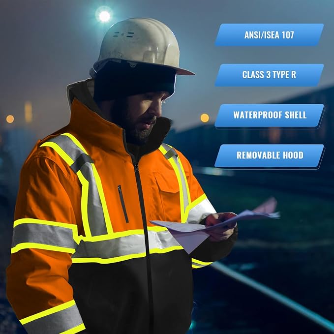 SKSAFETY High Visibility Reflective Jackets for Men, Waterproof Class 3 Safety Jacket with Pockets, Hi Vis Orange Coats with Black Bottom, Mens Work Construction Coats for Cold Weather, 4XL,Orange