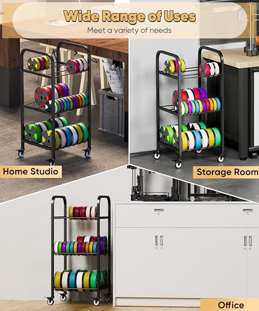 3-Tier 3D Printer Filament Storage Rack with Wheels, Rolling Spool Holder Stand Cart, Holds up to 36×1kg Spools, Heavy Duty Metal Filaments Organizer Shelf for Printing Studio Office Workshop