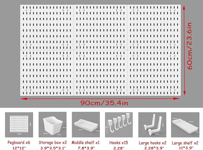 12 * 12in Pegboard Set, DIY Pegboard Combo Kit, Wall-Mounted Storage Organizer, Includes 6 pegboards and 22 Accessories, Suitable for Office, Gaming Room, Kitchen, and Decorative Display (White)