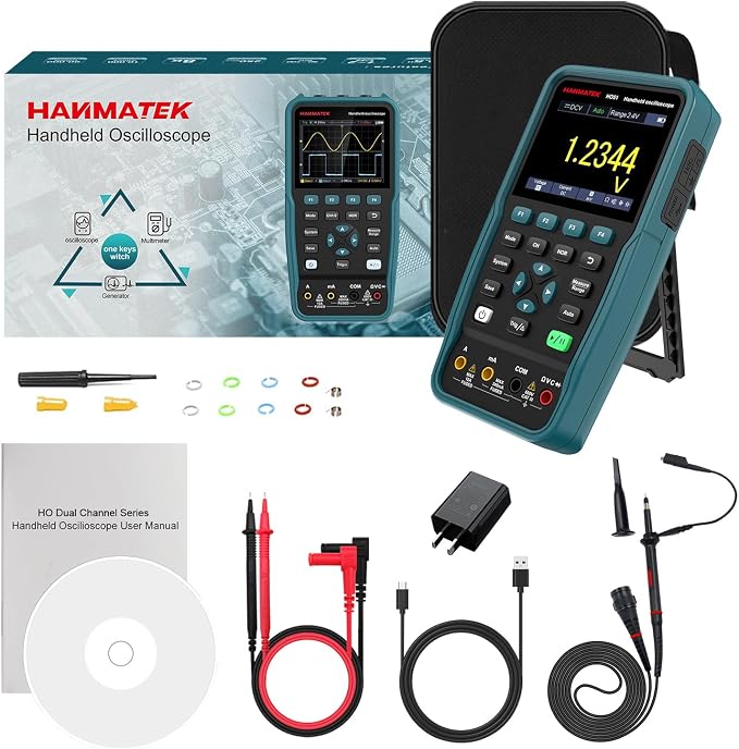 HANMATEK 3 in 1 Handheld Oscilloscope Multimeter,Waveform Generator HO51 with 3.5" TFT Oscilloscop, Auto-Calibration Function, Memory Function, Multi Tester