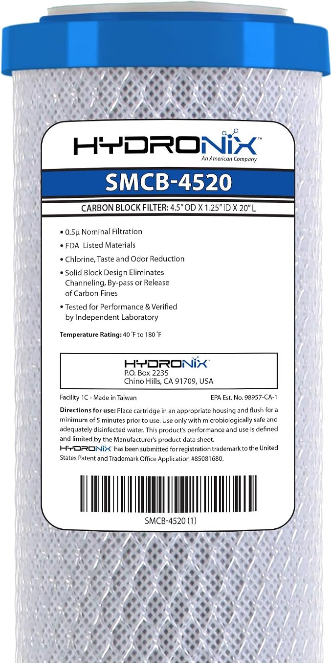 Hydronix SMCB-4520 NSF Coconut Carbon Block Cyst Water Filter, 4.5" x 20" - 0.5 Micron