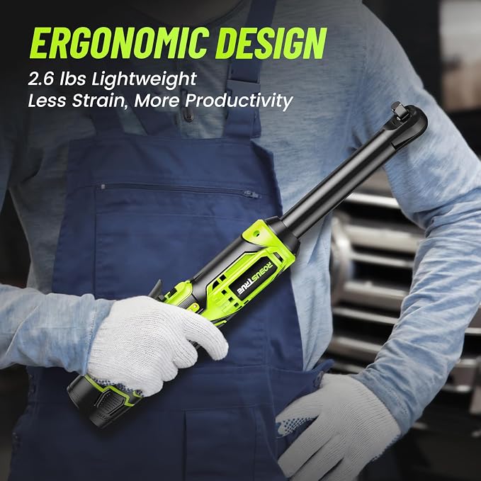 Robustrue 3/8" Cordless Ratchet Wrench, 6-inch Extended Ratchet Wrench, 40Ft-lbs 400RPM Cordless Ratchet, 2 Batteries Power Electric Ratchet Driver with Variable Speed, 7 Sockets, LED Light