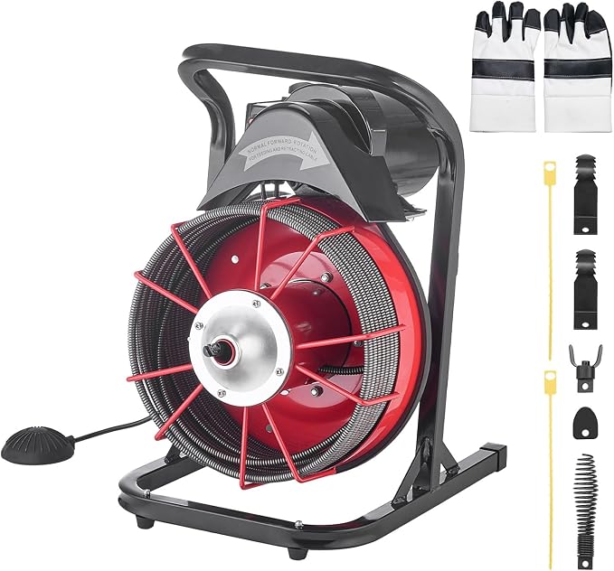 VEVOR Drain Cleaner Machine 75 FT x 1/2 Inch, Sewer Snake Auger Manual Feed with 4 Cutters & Air-activated Foot Switch for 2" to 6" Pipes