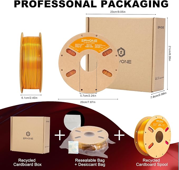 ERYONE Silk Tri Color PLA Filament 3D Printer 1.75mm +/- 0.03mm, Multicolor Filament Tricolor PLA 1KG(2.2lbs) Cardboard Spool, Red Gold Purple