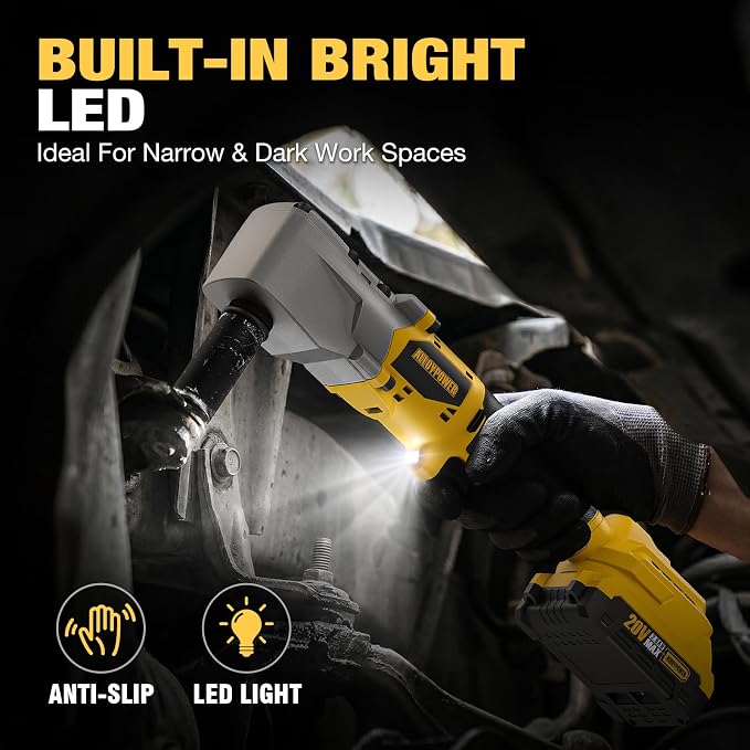 20V Brushless Right Angle Wrench, 1/2" Cordless Ratchet with 207 Ft-lbs(280N.m), Slim 90° Head for Tight Spaces, Automotive Repair, Engine Bay & Machinery Maintenance, 2 Batteries