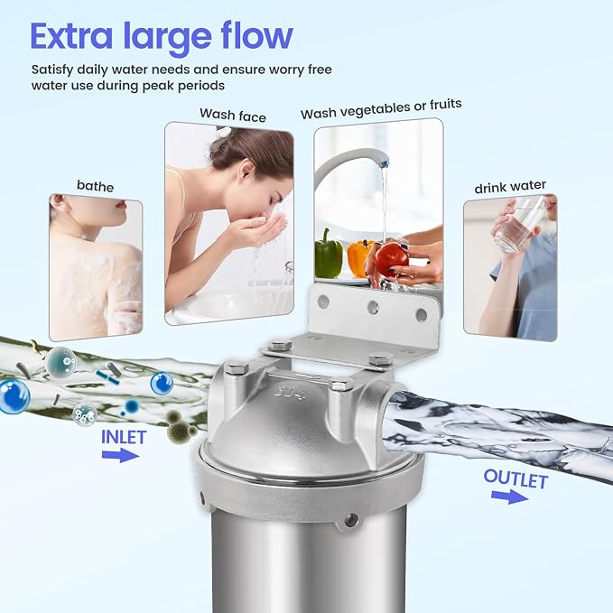 NSF/ANSI 42 Stainless Steel Whole House Water Filter Housing, 10" x 2.5" Sediment Water Filter System for Heavy Duty, Well & City Water, 1/2" NPT Port, Drain Valve Style A(Wing)