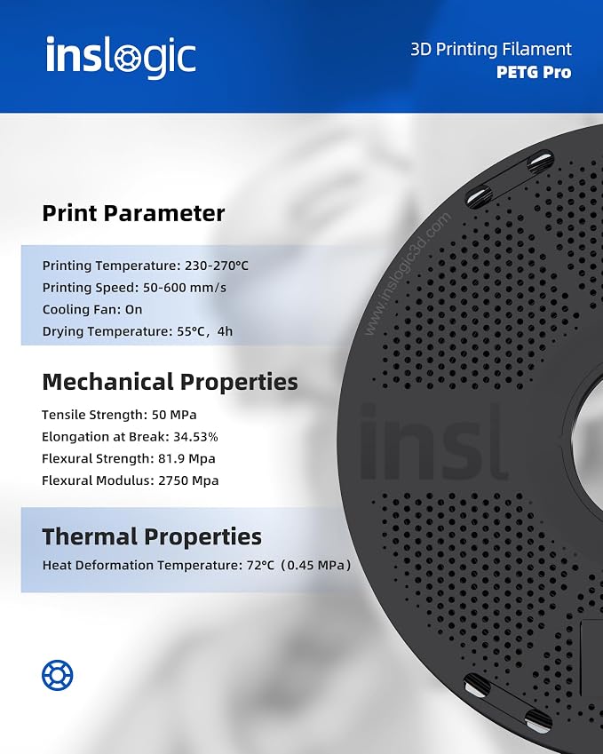 Inslogic PETG Pro Pre-Dried 3D Printer Filament 1.75mm, High-Speed PETG Filament, Stronger Toughness, High Precision ±0.02mm, Compatible with FDM Printers, 1kg×4 Refills (White)