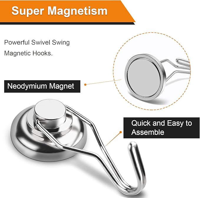 Swivel Swing Powerful Magnetic Hooks,Strong Heavy Duty Neodymium Magnet Hooks Great for Your Refrigerator and Other Magnetic Surfaces - Pack of 7 68mm(2.67in) in Length, 32mm(1.26in) in Diameter | Strong Silver Magnets hook for Hanging Refrigerator Hom...