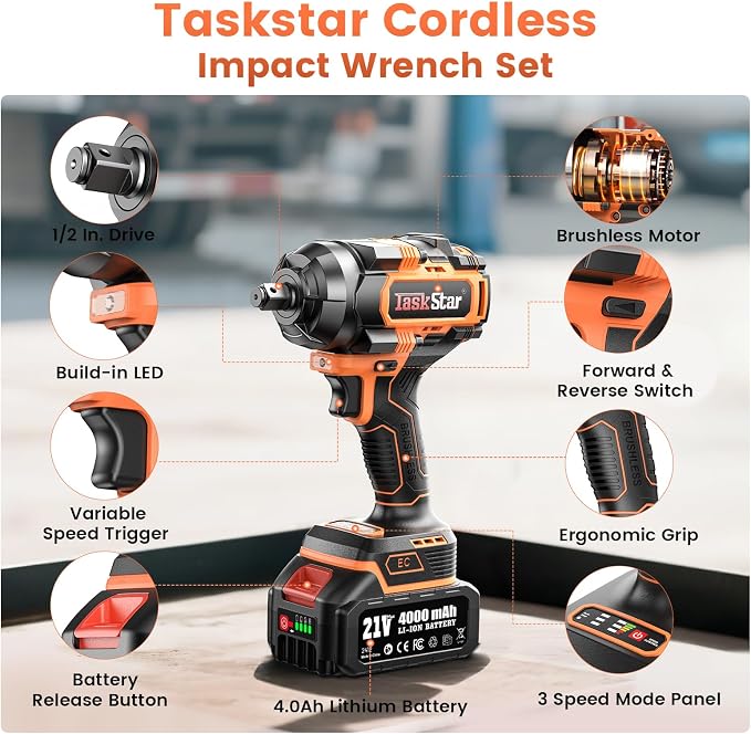 1500N.m Cordless Impact Wrench - 20V Max Brushless 1/2" Impact Gun with 2 x 4.0Ah Batteries & Fast Charger | Removes Stuck Truck Lug Nuts in Seconds | 3-Speed for Auto Repair & Heavy Duty DIY