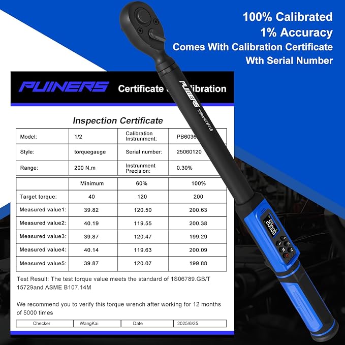 1/2" Digital Torque Wrench 2.2-147.5 Ft.lb/ 3-200 Nm, Digital Electronic Torque Wrench ±1% Accuracy, 5 Units LCD Screen with Buzzer & LED Alarm for Cars,Motorcycles,Bicycle