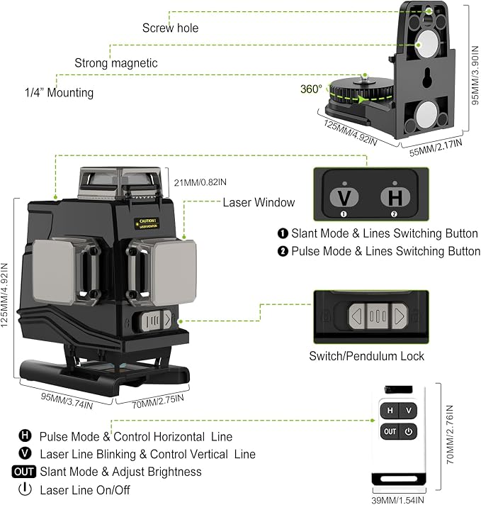 Laser level, Zokoun 360 self-leveling Laser Level 4D 16 lines green Laser Level with horizontal and vertical lines construction picture hanging, with magnetic bracket and 5000mAh lithium-ion battery