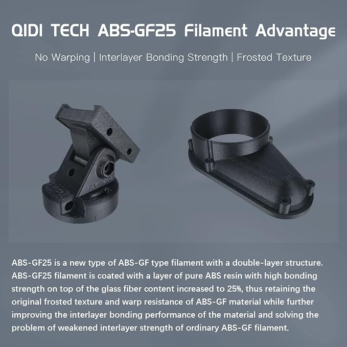 R QIDI TECHNOLOGY Glass Fiber ABS Filament 1.75mm, ABS-GF25 3D Printer Filament Fit Most FDM 3D Printers, Frosted Texture, High Hardness, High Interlayer Bond Strength, 1KG Spool, Black