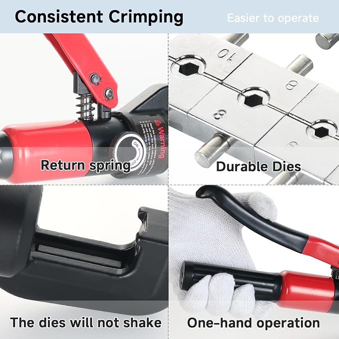 Hydraulic Lug Crimping Tool 10 US Ton with Wire Rope Cutter, 9 US Standard Chromed Hexagonal Dies 12, 10, 8, 6, 4, 2, 1/0, 2/0 AWG for Electrical Terminals and 1/8" for Stainless Steel Wire Rope