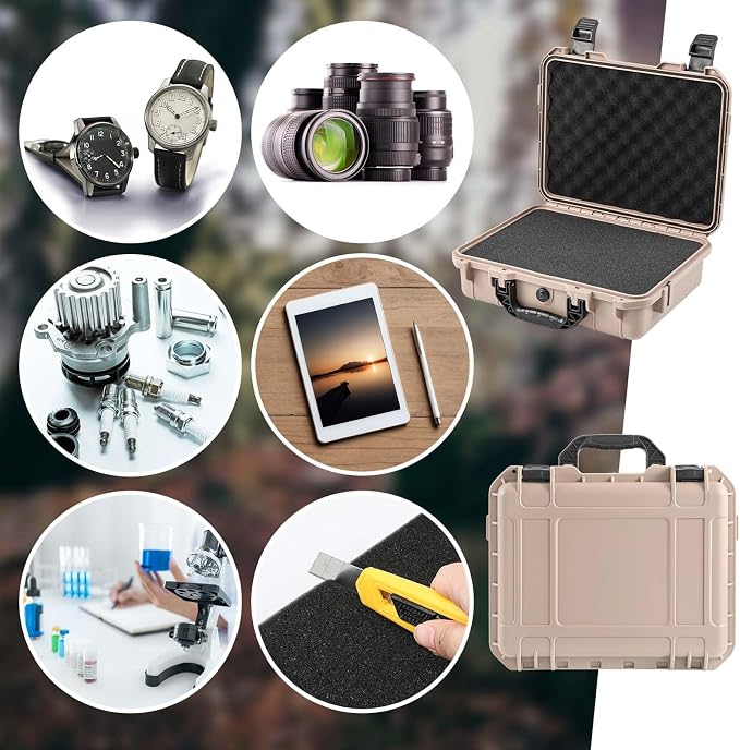 Relaxweex 1 Pcs Waterproof Hard Case with DIY Customizable Foam Insert Portable Protective Case with Knife for Camera Drones Equipments Tools Test Instruments(Tan,16.3 x 12.4 x 6.5 Inch)