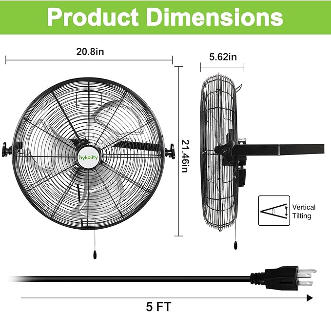 hykolity 4300 CFM 18 inch Industrial Wall Fan, 3-Speeds High Velocity Wall Mount Fan with Sealed Motor, Heavy Duty Metal Barn Fans for Shop, Garage, 2 Pack