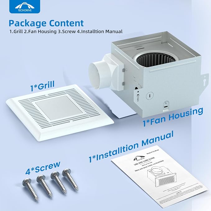 Tech Drive Bathroom Fan with light,Very-Quiet 70 CFM, 2.0 Sone,3 Inch Duct | 600LM 4000K LED light, Ceiling Mounted Ventilation Fan,Easy to Install for Bathrooms Up to 75 Sq. Ft