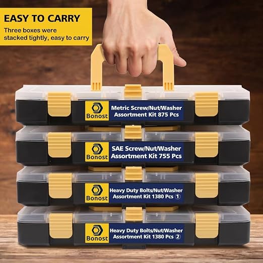 Bonost 3010pcs Hardware Assortment Kit with Assorted SAE & Metric Phillips Head Bolts, and Grade 8.8 Metric Hex Bolt Set with Matching Nuts and Lock Washers (4 Trays)