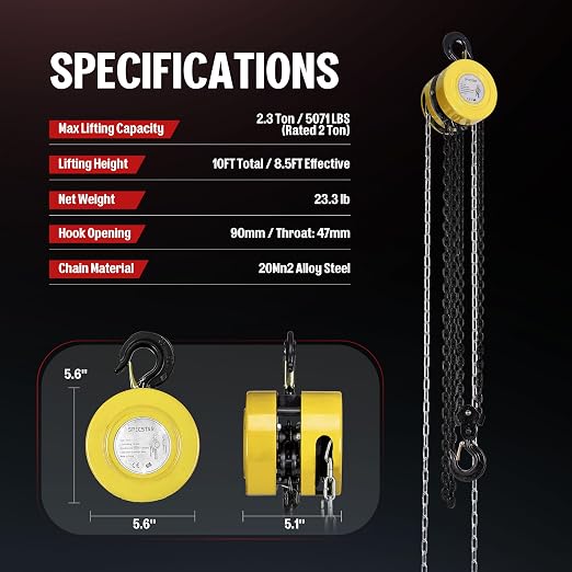 SPECSTAR Hand Chain Hoist 2 Ton 4400 Lbs Capacity 10 Feet with 2 Hooks | Heavy Duty Manual Chain Fall for Warehouse Building Automotive Machinery Yellow
