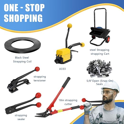 5/8" x .020" x 300' Black Steel Strapping Coil with Portable Dispensed Box Painted and Waxed Metal Band for Pallet Banding(1500 lbs Break Strength)