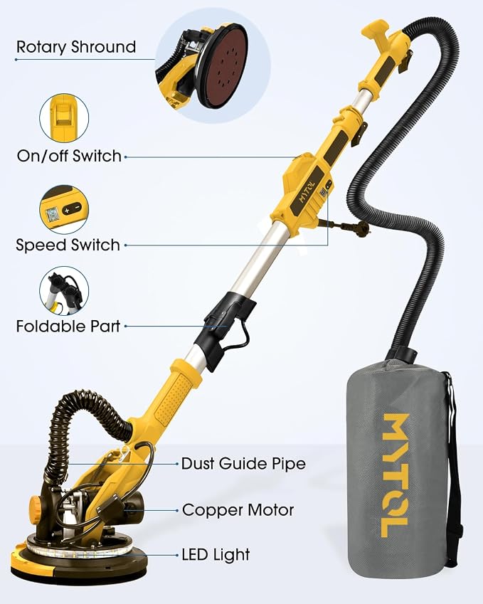 MYTOL Drywall Sander, 7.2A Electric Drywall Sander with Vacuum Dust Collection, 6 Variable Speed 900-1800RPM, LED Light, Foldable & Extendable Handle, 9 Pcs Sandpaper&3 Pcs Grid Sandpaper, Full Green
