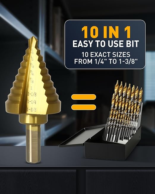 COMOWARE 10-Size Step Drill Bit for Metal, 1/4” to 1-3/8" Titanium HSS Unibit. Double Flute Design for Precise Holes in Steel, Aluminum, Plastic & Wood. Tri-Flatted Shank for Secure Grip in Drills.