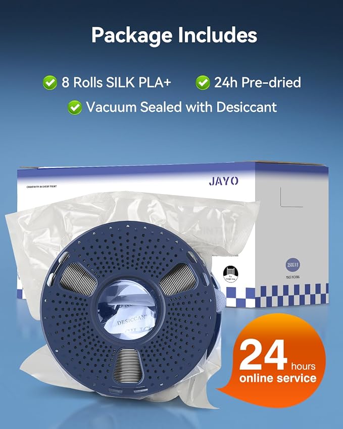 JAYO Silk PLA Filament Bundle 1.75mm, Silk 3D Printer Filament Bundle Multicolor, Individually Vacuum Packed, 8 Pack, Shiny Silk 2KG in Total, Light Gold+Silver+Black+Blue+Red+Green+Orange+Pink