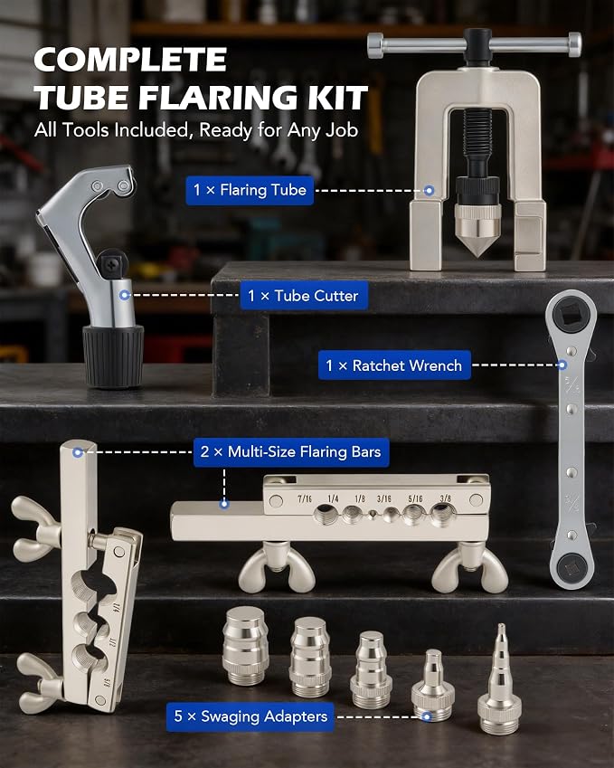 Orion Motor Tech Single Flaring Tool & Swaging Tool Kit for HVAC Tubing, 45 Degree 1/8" - 3/4" Flare Tool Kit with Swaging Adapters, Tube Cutter & Ratchet Wrench, Single Flare Tool for Soft Metals